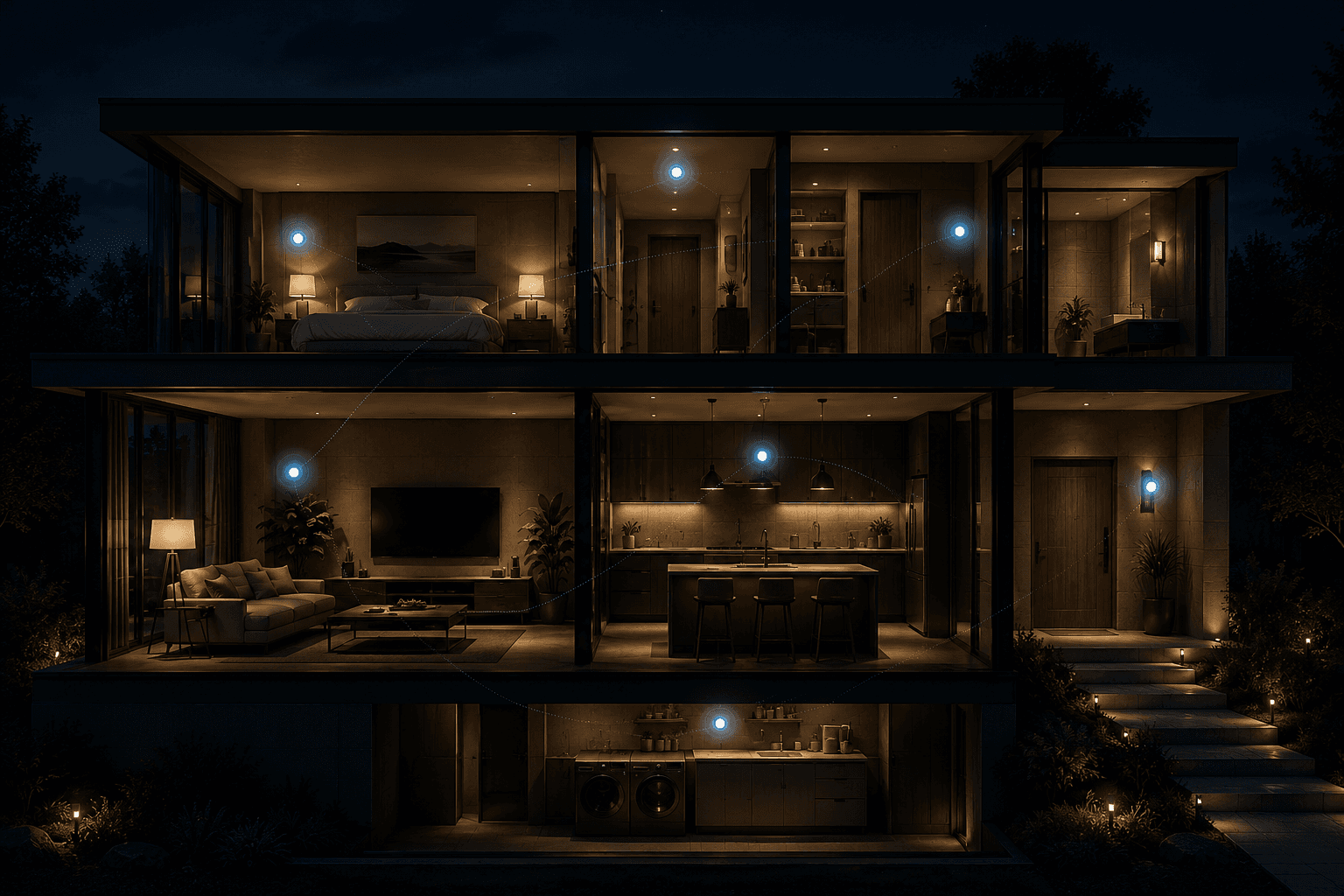 A photorealistic nighttime cutaway of a modern home with Residential Computing distributed throughout its rooms
