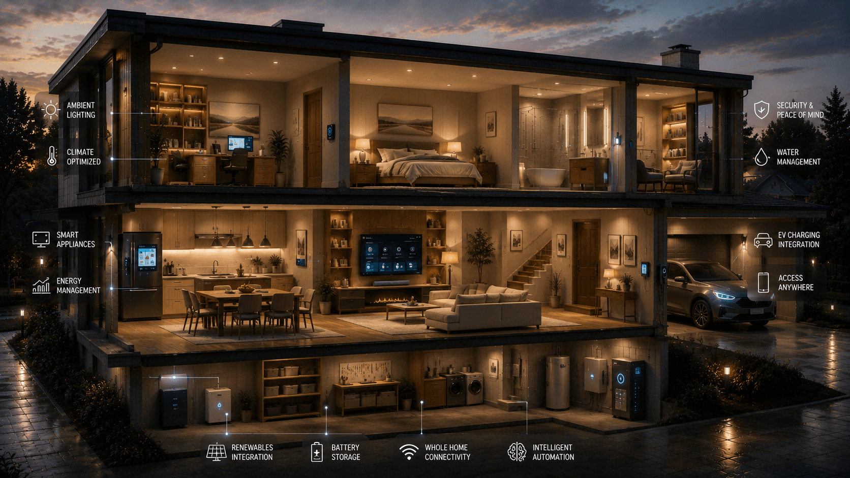 Cinematic architectural cutaway of a modern home designed around Residential Computing