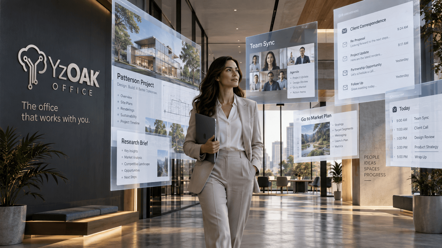 A professional moving through a workplace in which projects, information, and accumulated work context are integrated into the environment.