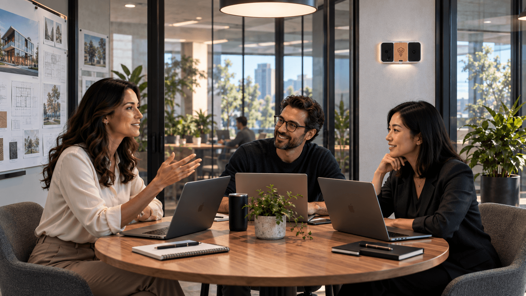 Three coworkers collaborating around a round table in an office breakout room.