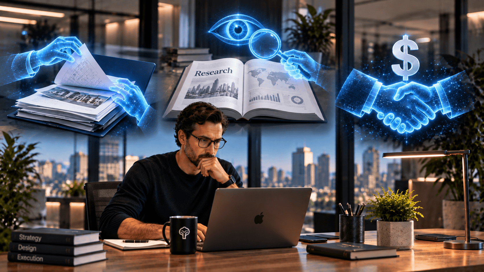 A professional working while digital project, research, and sales agents work around him.
