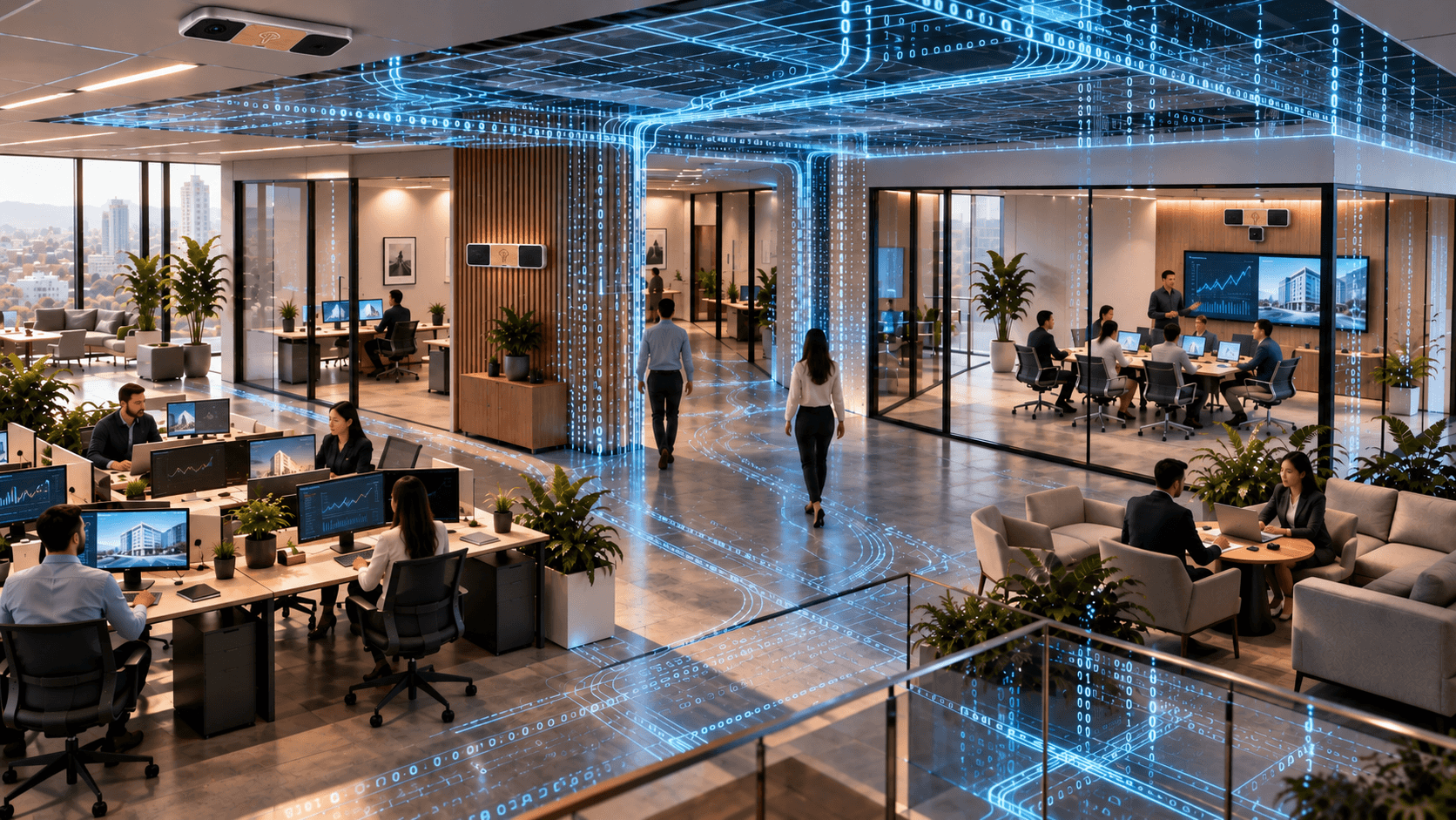 A connected YzOak Office in which computational intelligence flows throughout the physical workplace.