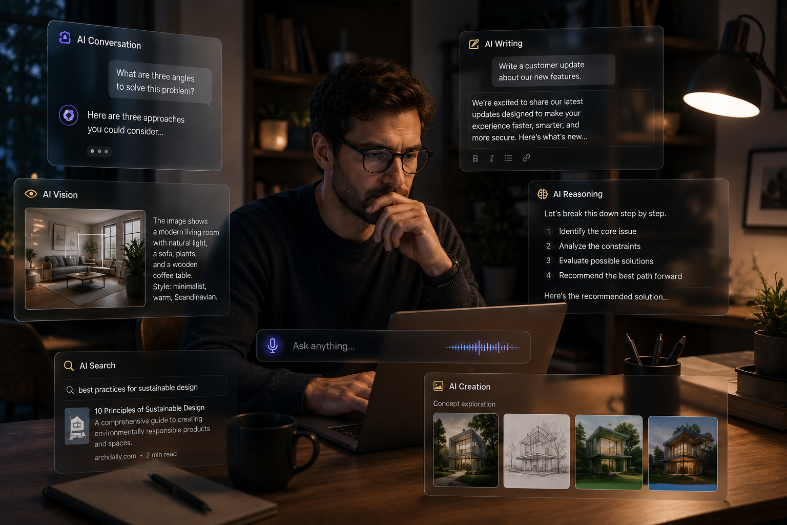 Person using multiple modes of artificial intelligence including conversation, vision, writing, reasoning, search and creation