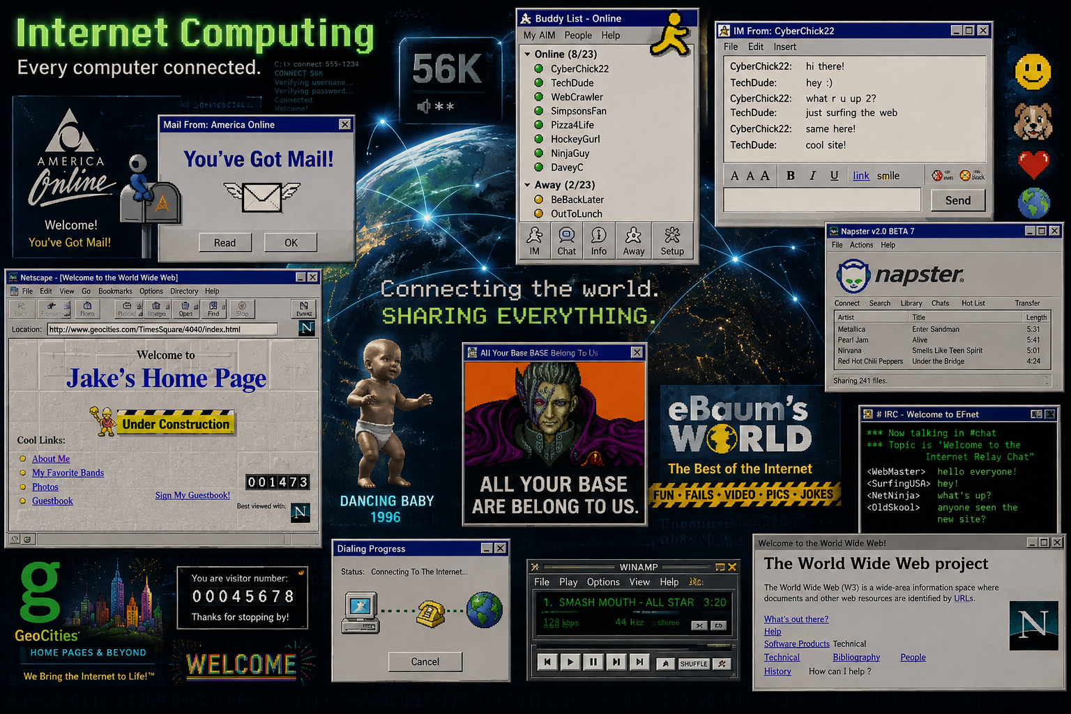 Nostalgic early internet collage showing email, chat, web pages, file sharing and early online culture