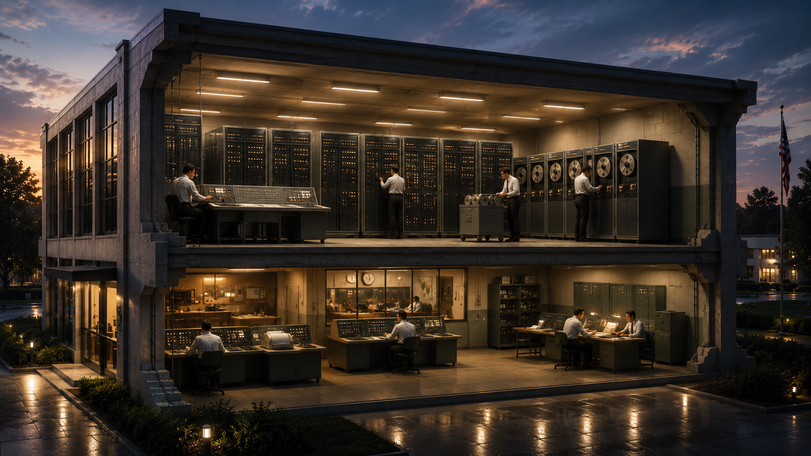 Cinematic architectural cutaway containing a room-sized mainframe computer