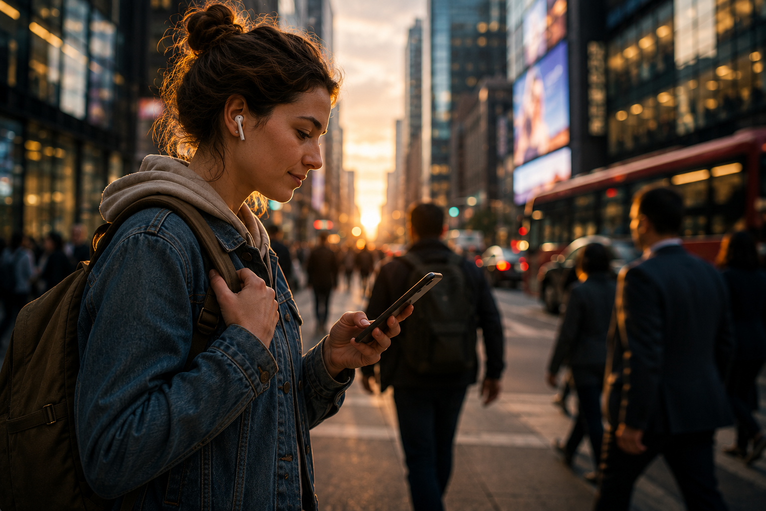 Woman using a smartphone while moving through a modern city