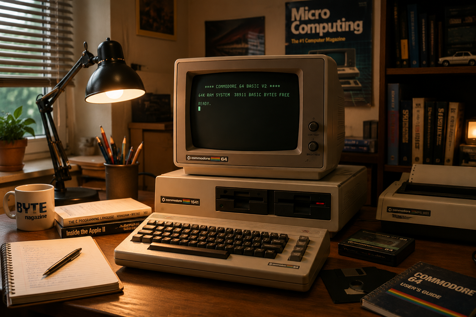 Warm cinematic 1980s personal computer setup in a home office