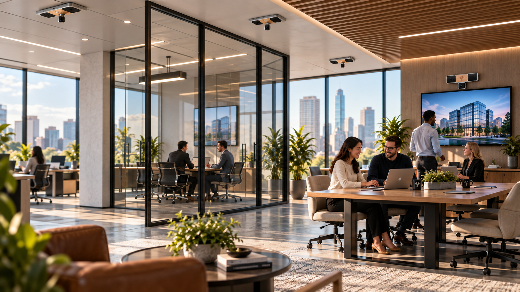 A warm contemporary YzOak Office environment with people collaborating while computing and sensing are integrated into the architecture.