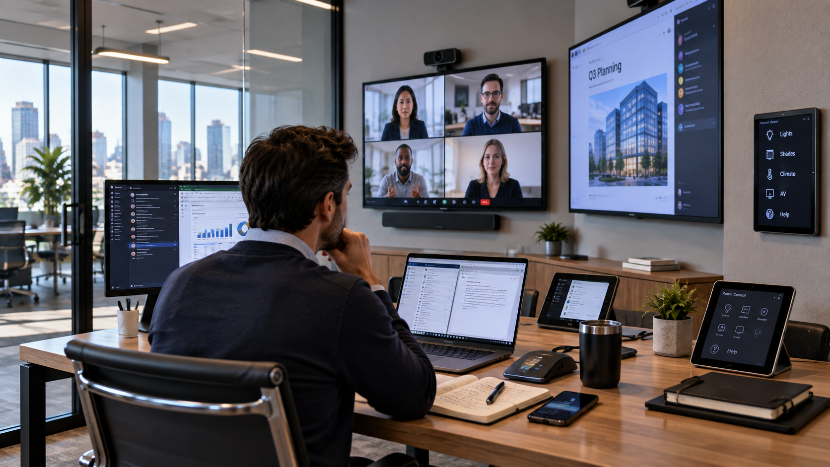 A modern office meeting room filled with separate laptops, conferencing systems, room controls, displays, and workplace applications.