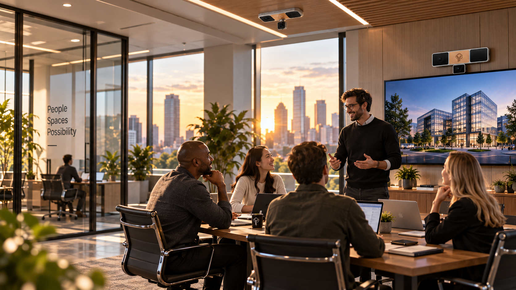 A team collaborating naturally in a warm YzOak Office environment at golden hour.