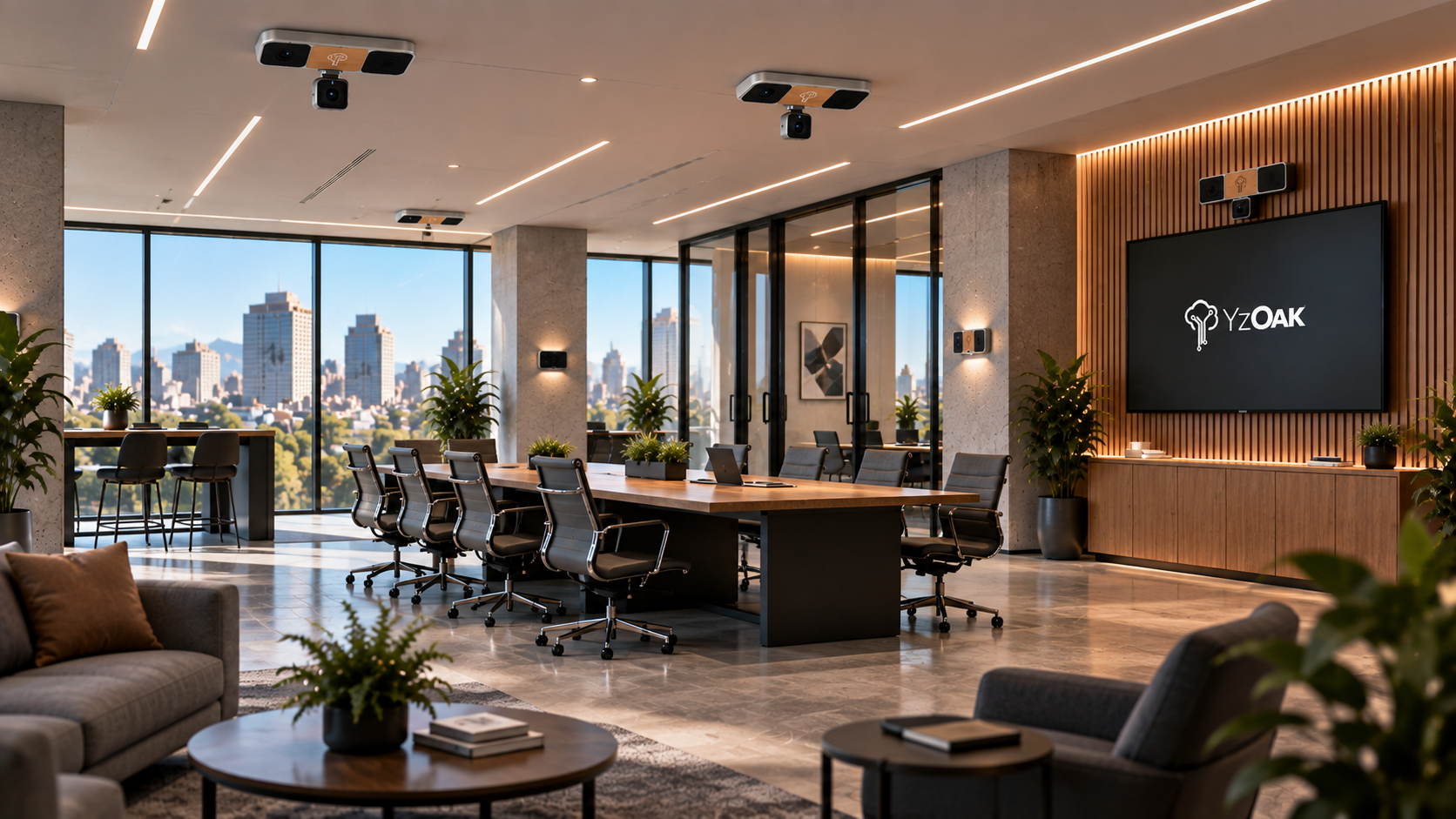 A YzOak Office collaboration environment with computing infrastructure distributed through the workplace.
