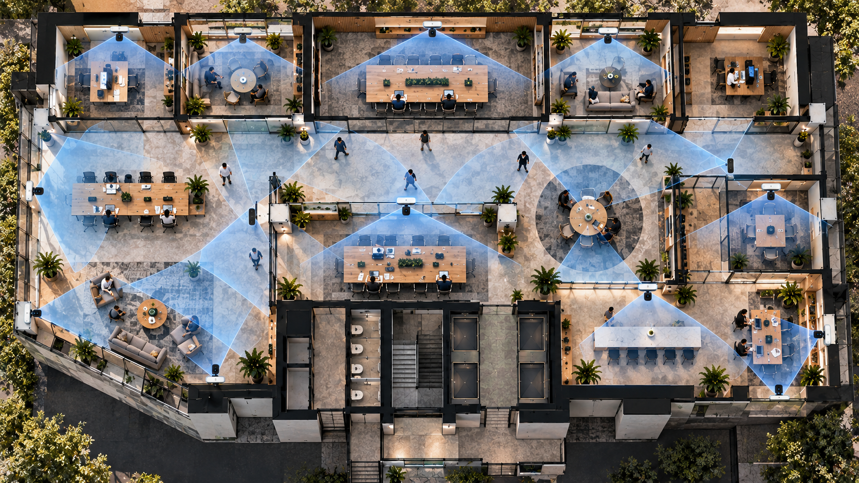 Overhead office view showing stitched spatial coverage across the workplace.