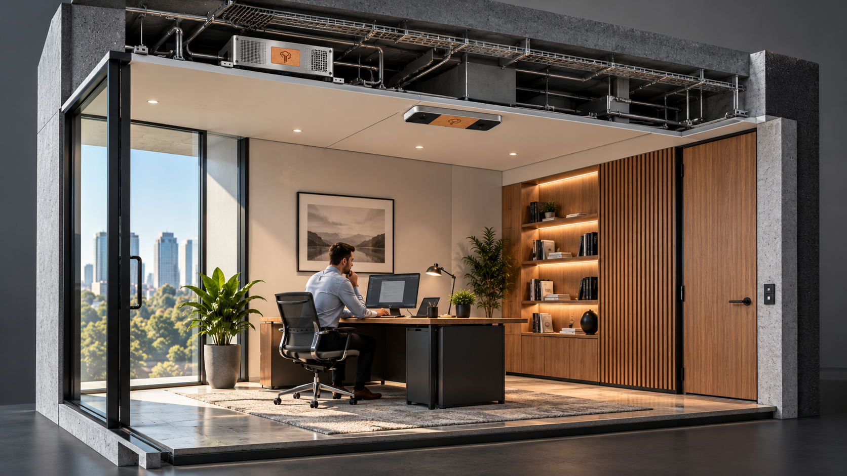 Private office cutaway with one YzSense below the ceiling and one YzNode Prime installed within the ceiling infrastructure.