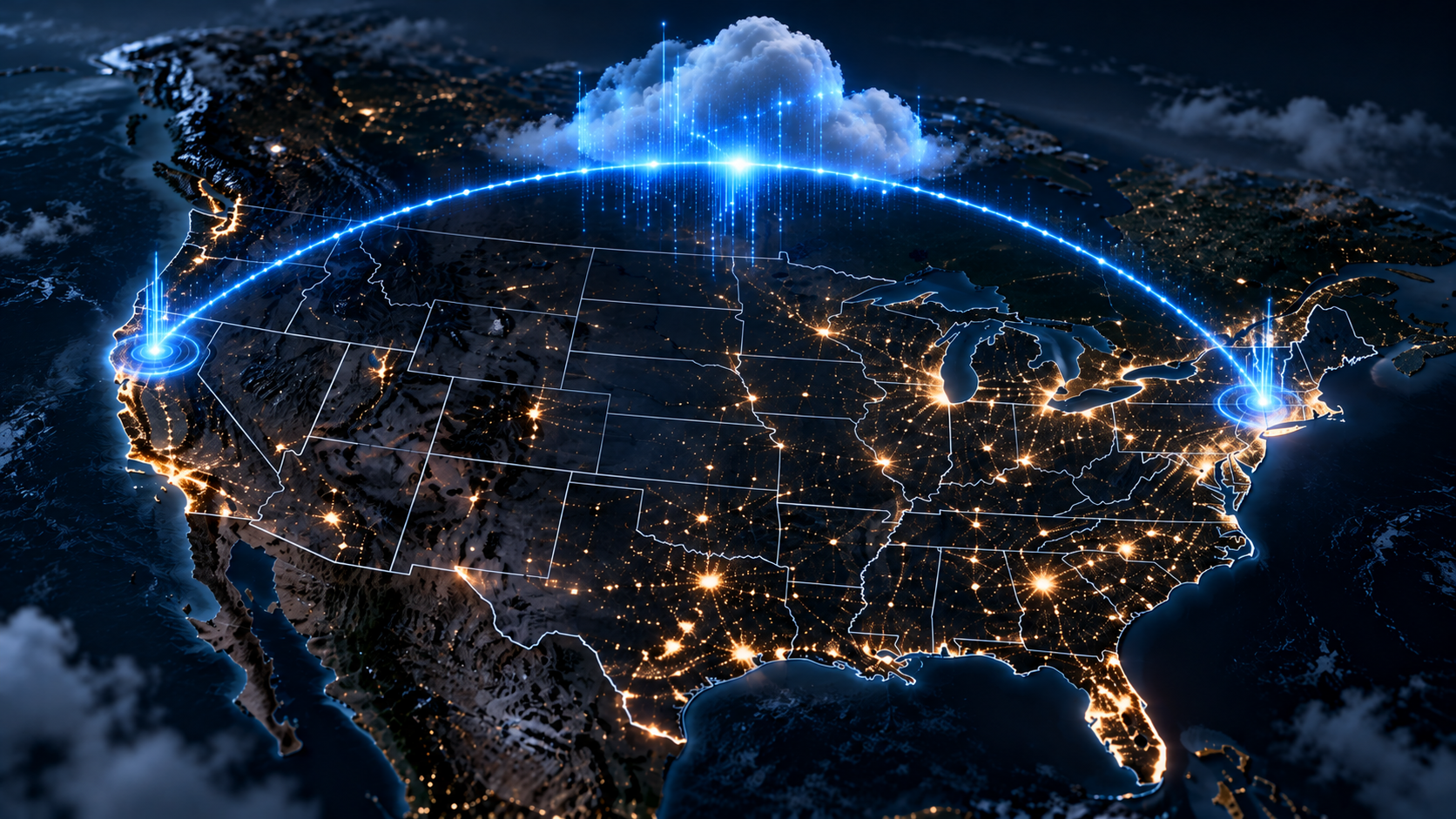 A cross-country cloud route connects New York and San Francisco.