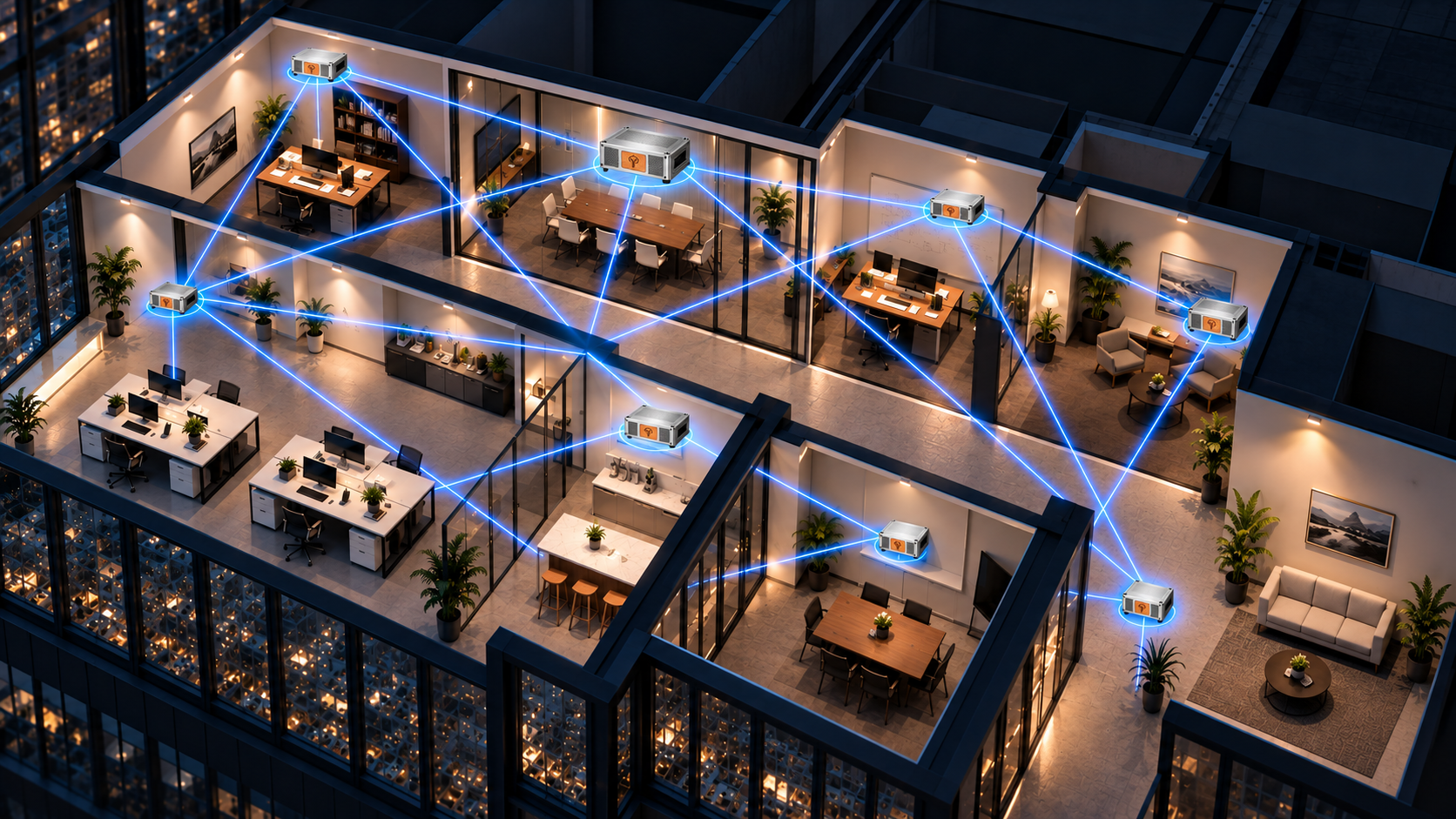 A distributed YzOak Office mesh operating normally across the workplace.