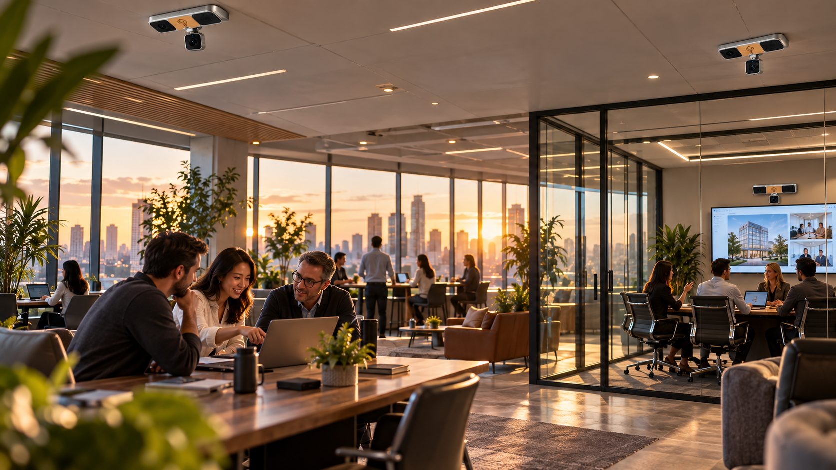People collaborating in a YzOak Office environment where sensing and computing infrastructure recedes naturally into the workplace.