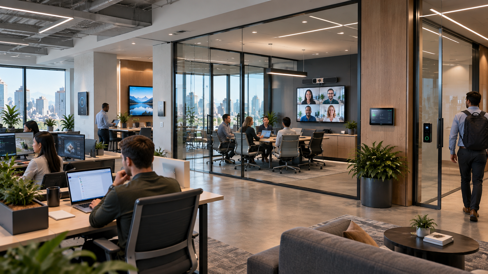 Modern office containing separate personal computing, AI applications, conferencing, displays, building systems, and access technology.