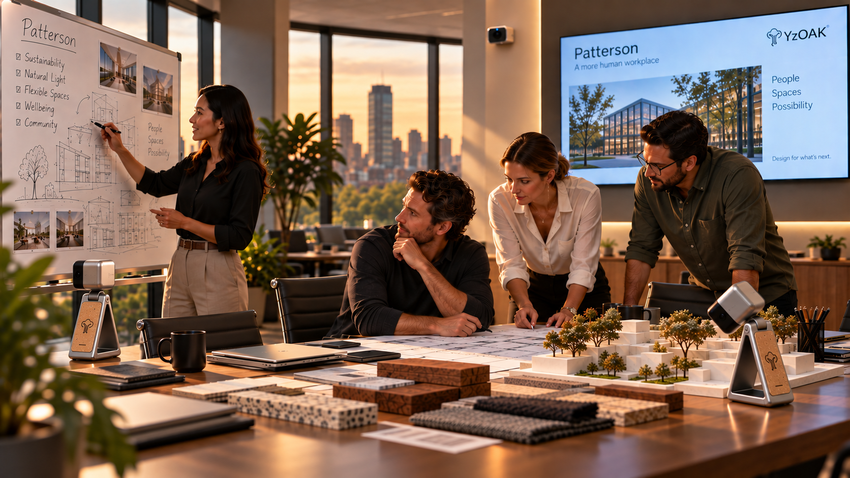 A team collaborating on the Patterson Project in an architectural studio, with YzCam Create devices capturing a whiteboard and physical project materials.